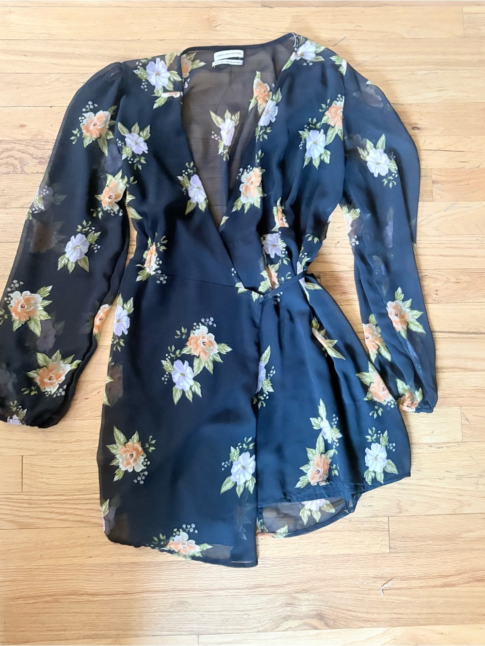 Urban Outfitters Black Floral Wrap Mini Dress with Peach & Lavender Blooms